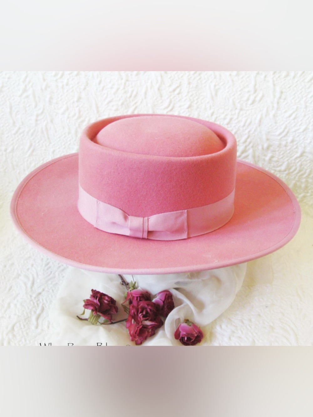 Dusty Pink Wide Flat Brim Fedora Boho Festival Hat Cottagecore Pork Pie